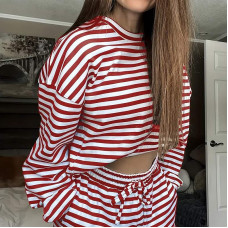 Women's Solid Color Minimalist Striped Pajama Set with Dual-Pocket  Adjustable Drawstring Long Trousers 