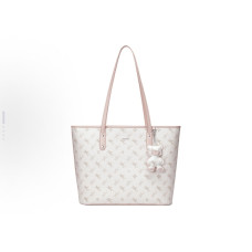 Women's Large Capacity Tote Bag - White with Bear Charm, Durable Leatherette, Work & Casual Use