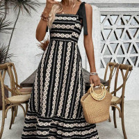 Striped patchwork suspender large swing dress with high waist fashion