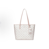 Women's Large Capacity Tote Bag - White with Bear Charm, Durable Leatherette, Work & Casual Use